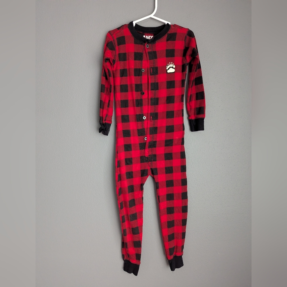 Lazy One Red and Black Plaid Kids One Piece Pajamas Size 4T "Bear Cheeks"